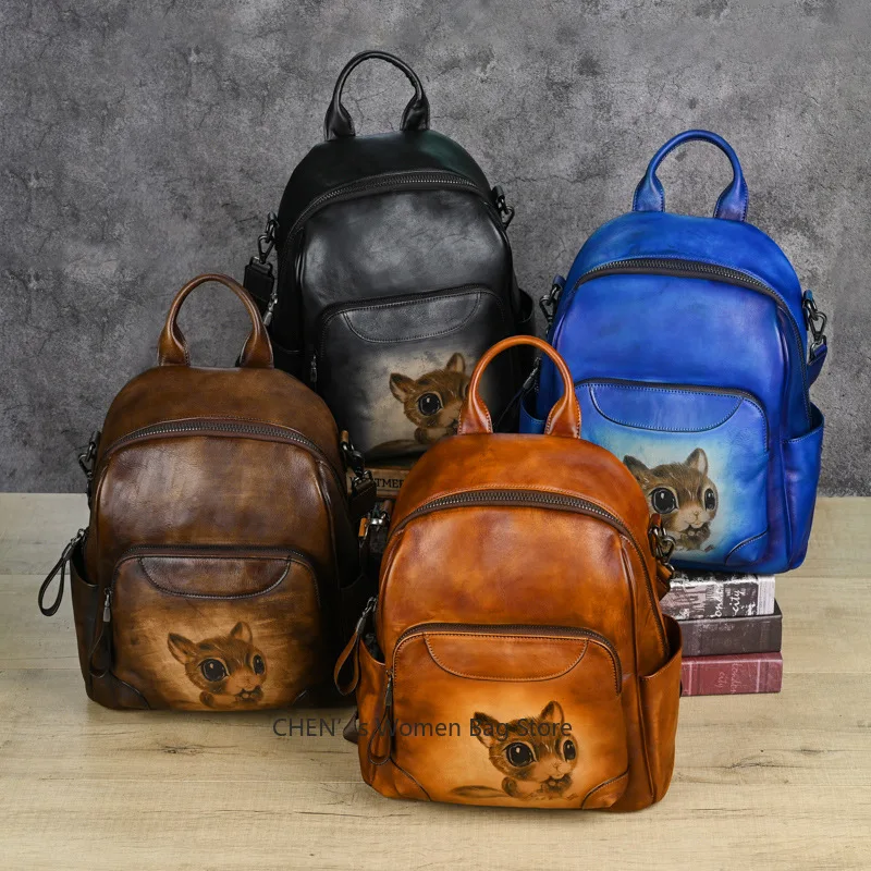 

New Cowhide Large Capacity Backpack For Women's Retro Genuine Leather Handbag Animal Print Travel Schoolbag Shoulder Bag