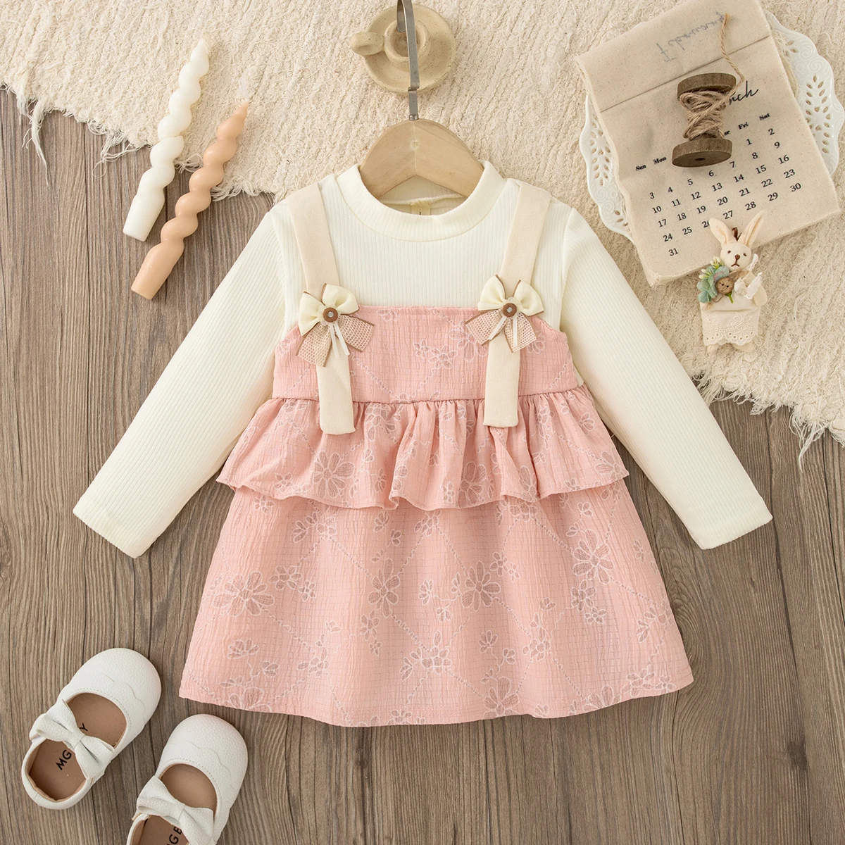 Girls Dresses Spring And Autumn Cotton Bow Flower Long Sleeve Baby Girl Dress Sweet and Cute Birthday Party Baby Girl Dress