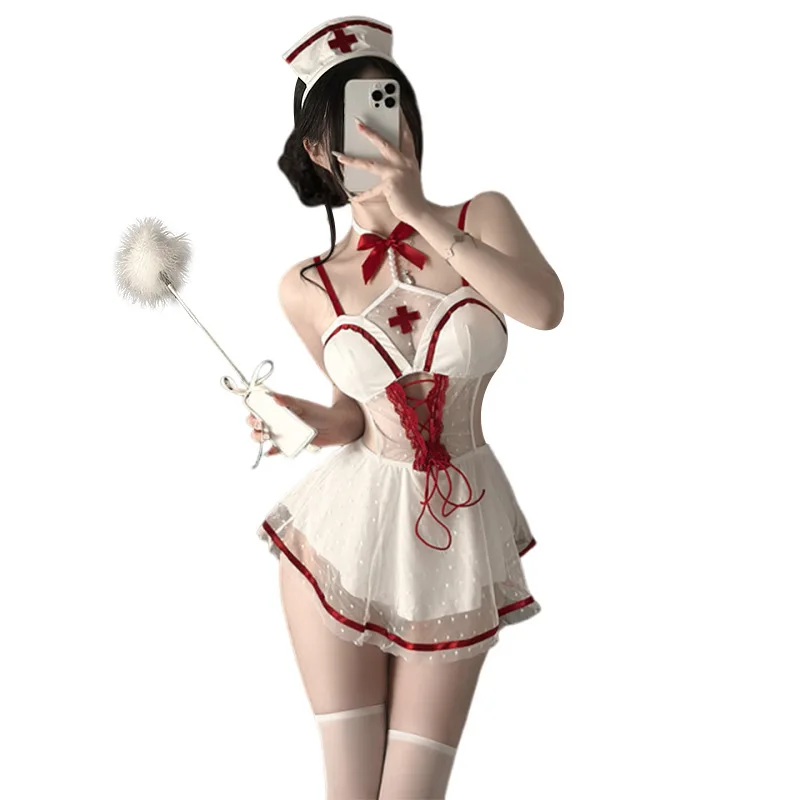 

2026 New Women's Sexy Lace Nurse Uniform Halloween Party Cosplay Doctor Lingerie Backless Maid Dress Roleplay Temptation Outfit