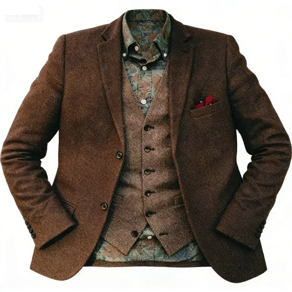 

Мужской коричневый твидовый пиджак Whalebone Sashing для танцев, твидовая шерстяная куртка на груди, уникальная деловая или домашняя куртка с 1 пуговицами