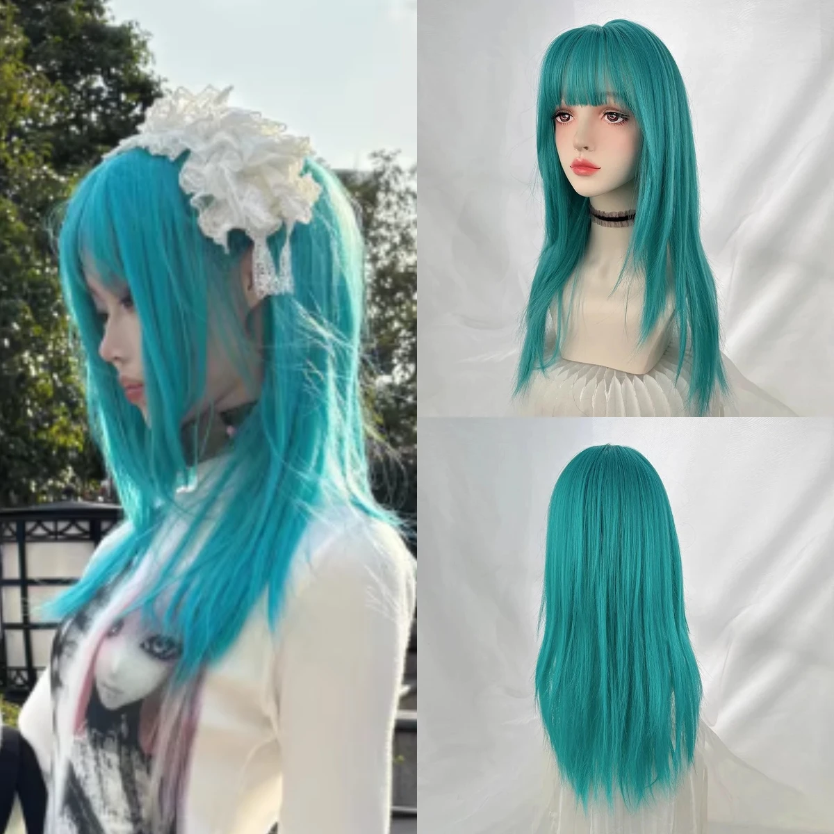 

Synthetic Long Straight Blue-green Wig with Bangs for Women Daily Cosplay Lolita Party Cosplay Fake Hair Heat Resistant
