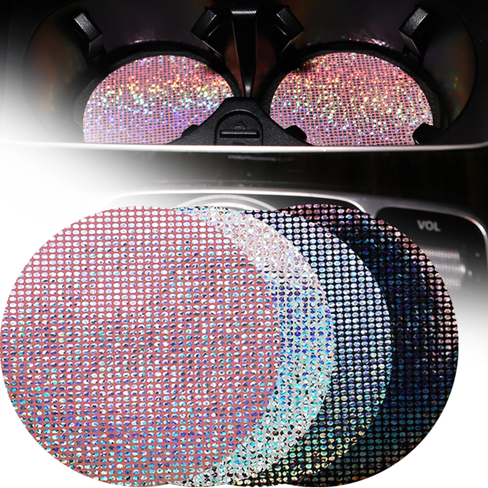 New 2 PCS Car Coaster Bling Insert Car Interior Accessories Decoration for Women Universal PU Leather Anti Slip Water Coaster