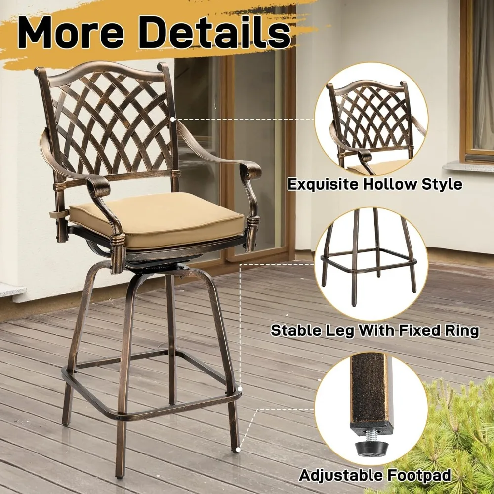 360° Rotation 380 lbs Capacity Barstools,Set of 2 Outdoor Swivel Bar Stools-Cast Aluminum, Bar Height Patio Chairs