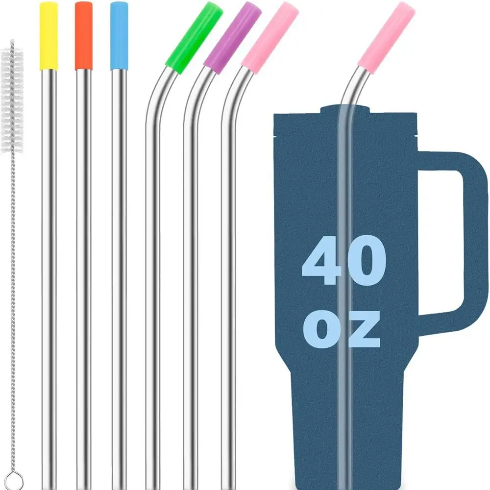 Straight Bent Stainless Steel Straws Drinking Silver Cup Straw 6mm 8mm Reusable for Stanley 30oz 40oz with Cleaning Brush Compat