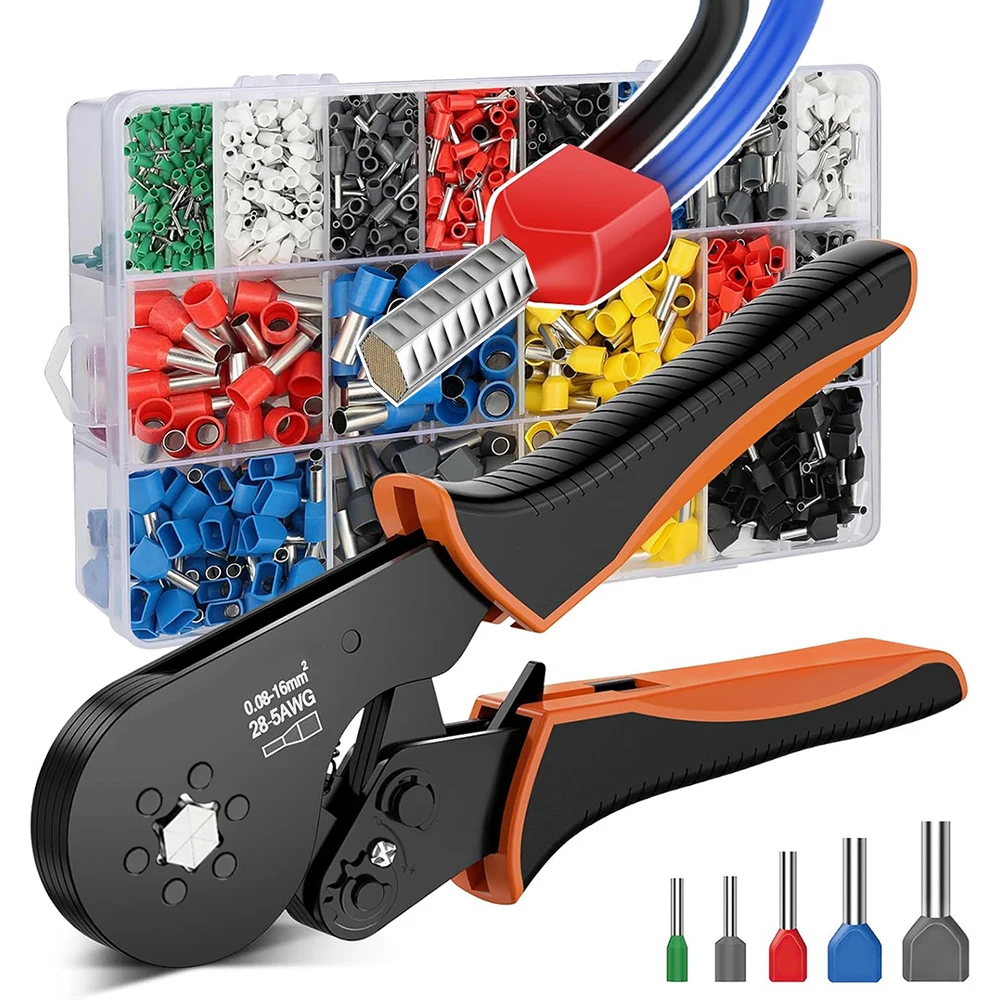 Ferrule Crimping Tool Kit,Hexagonal Crimper for 28-5 AWG,Insulated Wire Ferrules,Terminal Crimper with 1200PCS Ferrule Connector
