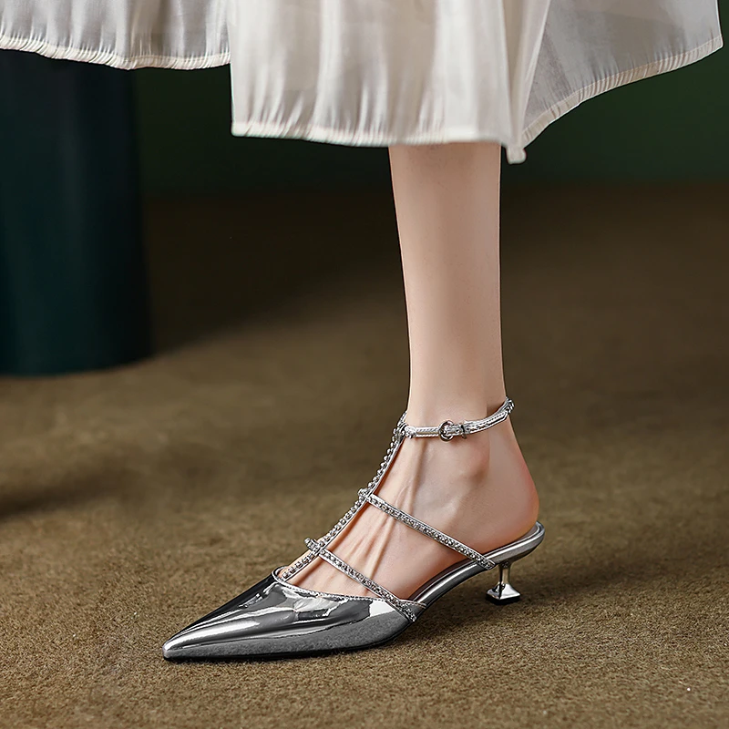 

New Ladies Shoes Diamond with Low Heels Silver Dress Half Rhinestones Women's Sandals Pointed Toe Closed Original Casual Heels