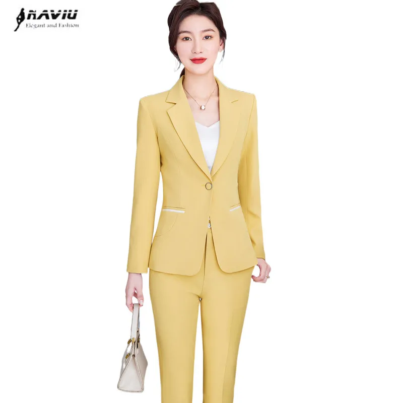 

Yellow Suits Women Spring 2022 New Fashion Temperament Casusl Slim Blazer And Pants Office Ladies Business Work Wear Blue