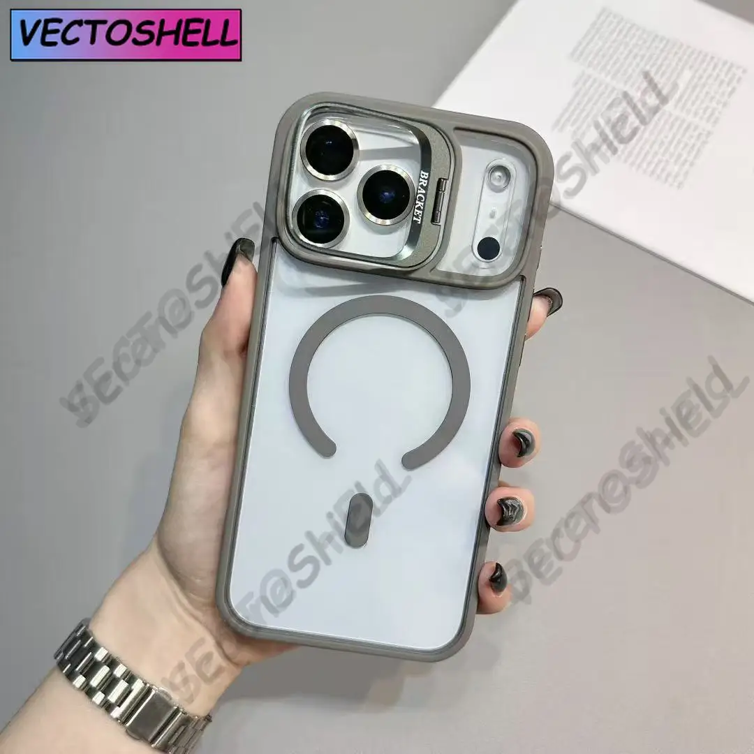 Luksusowe, magnetyczne, odporne na wstrząsy etui na telefon iPhone 15 14 13 12 11 16 17 Pro Max Plus 16E Funda Stand z ochroną szklanego obiektywu