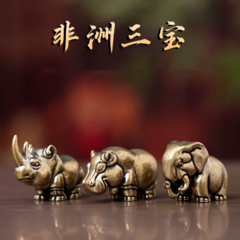 Antique Copper African Wildlife Trio statue(Elephant, Hippo & Rhino) - Mini Tea Pet Ornament, Desktop Decor & Palm Stone