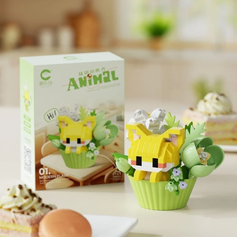 

New Dessert Theme Building Blocks Cartoon Animals Plastic Potted Bouquet Blocks Cute Cat Dog Rabbit Desktop Ornaments Gifts