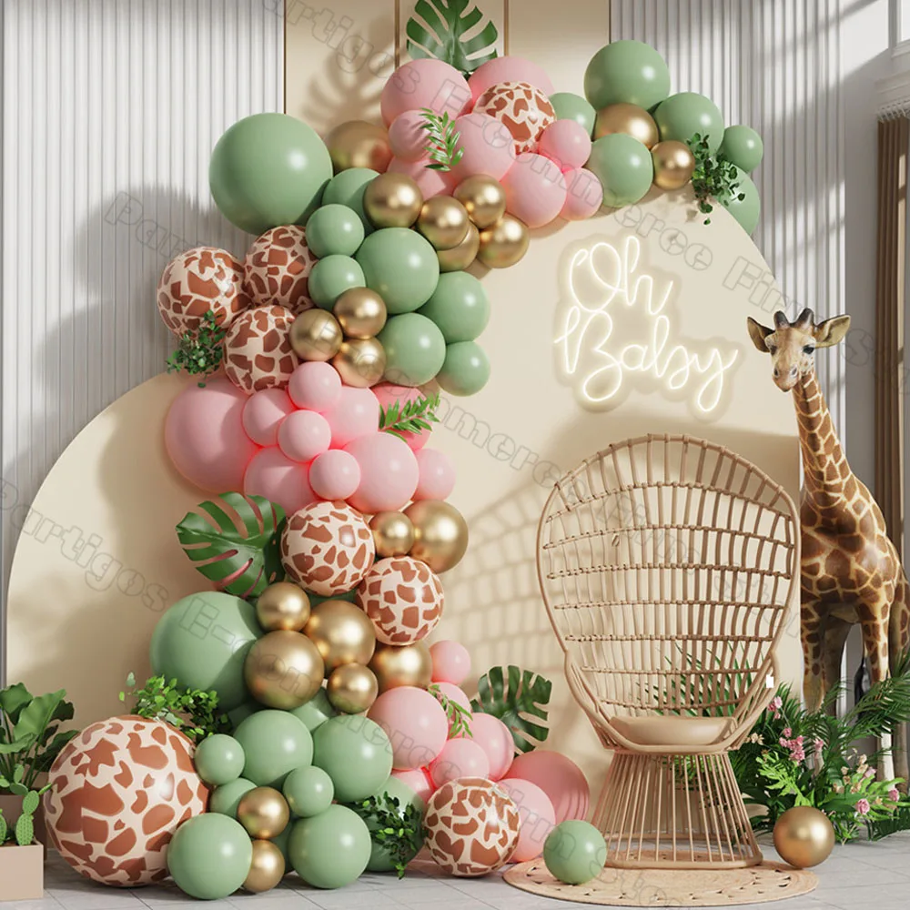 

116pcs Jungle Birthday Party Giraffe Printed Balloon Garland Wild One Baby Shower Decorations baby Pink Sage Green Balloon Arch