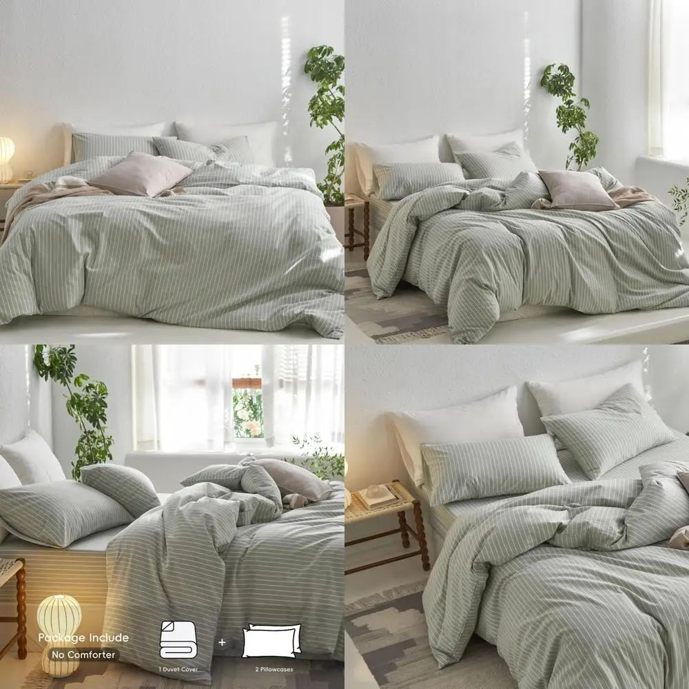 

100% Cotton Linen Textured Duvet Cover Set - Breathable, Durable, Soft Comfort in Sage Green and White Stripes for a Stylish Bed