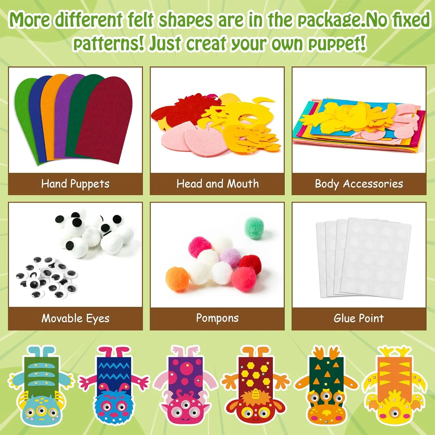 6Pcs DIY Hand Puppet Craft Kit with Pompoms & Googly Eyes, Creative Felt Sock Puppet Toys for Kids Role Play Party