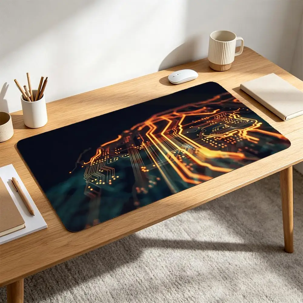 Large Glowing Circuit Board Gaming Mouse Pad Orange Neon Cyber Tech Non‑Slip Desk Mat for Esports Office Card Game Home Gift
