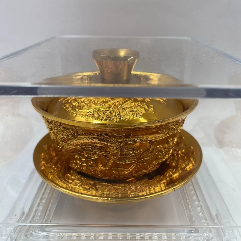 Daqing Qianlong Dragon and Phoenix Gold Tea Cup Rating Royal Court Copper Gilt Dragon Tea Bowl Decoration Antique Collection Gif