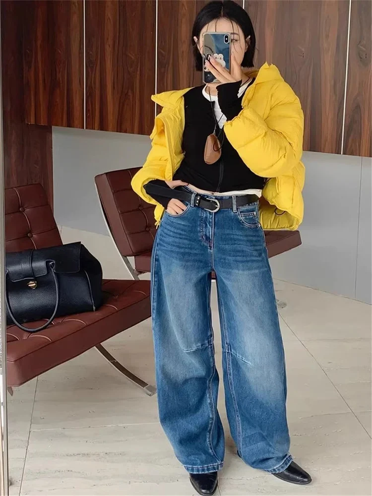 

Синие широкие джинсы с подкладкой в стиле ретро, женские осенне-зимние новые свободные брюки с высокой талией на молнии