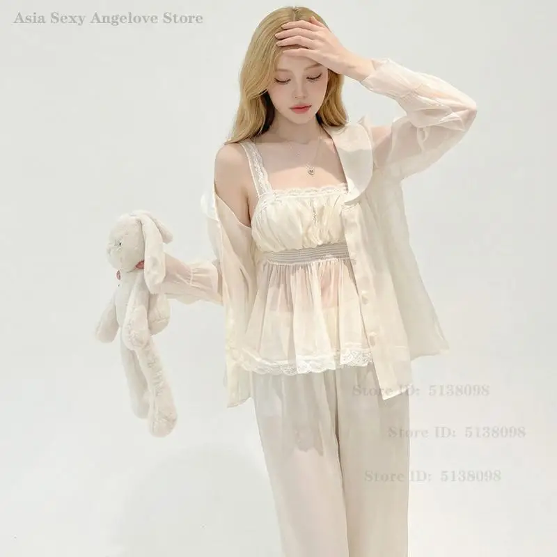 Elegant Female Long Sleeve 3PCS Pajamas Set Lounge Wear Sexy Lace Strap Sleepwear Pijama Suit Loose Silk Satin Nightwear Pyjama