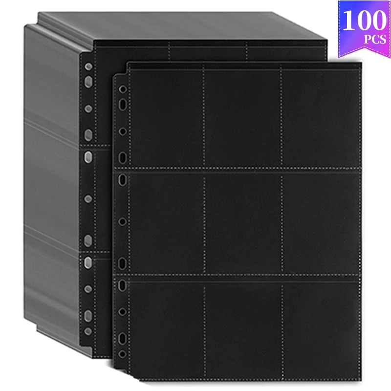 100-200-300枚入り両面黒色カードホルダー、9穴保護スリーブ付き、11リングバインディングファスナーページ、18ポケット付き