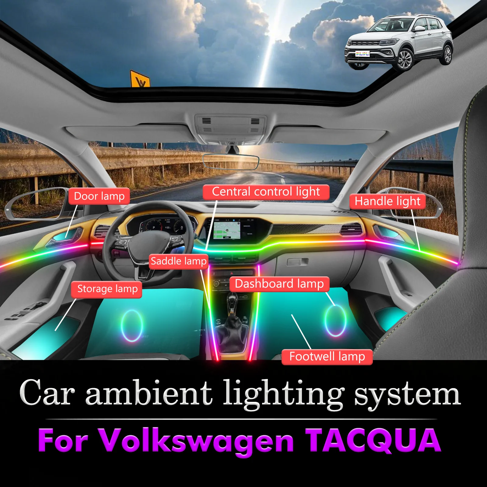 

For Volkswagen TACQUA Car Interior Ambient Light RGB 64-Color LED Smart Remote Control Energy Saving Lamp Set