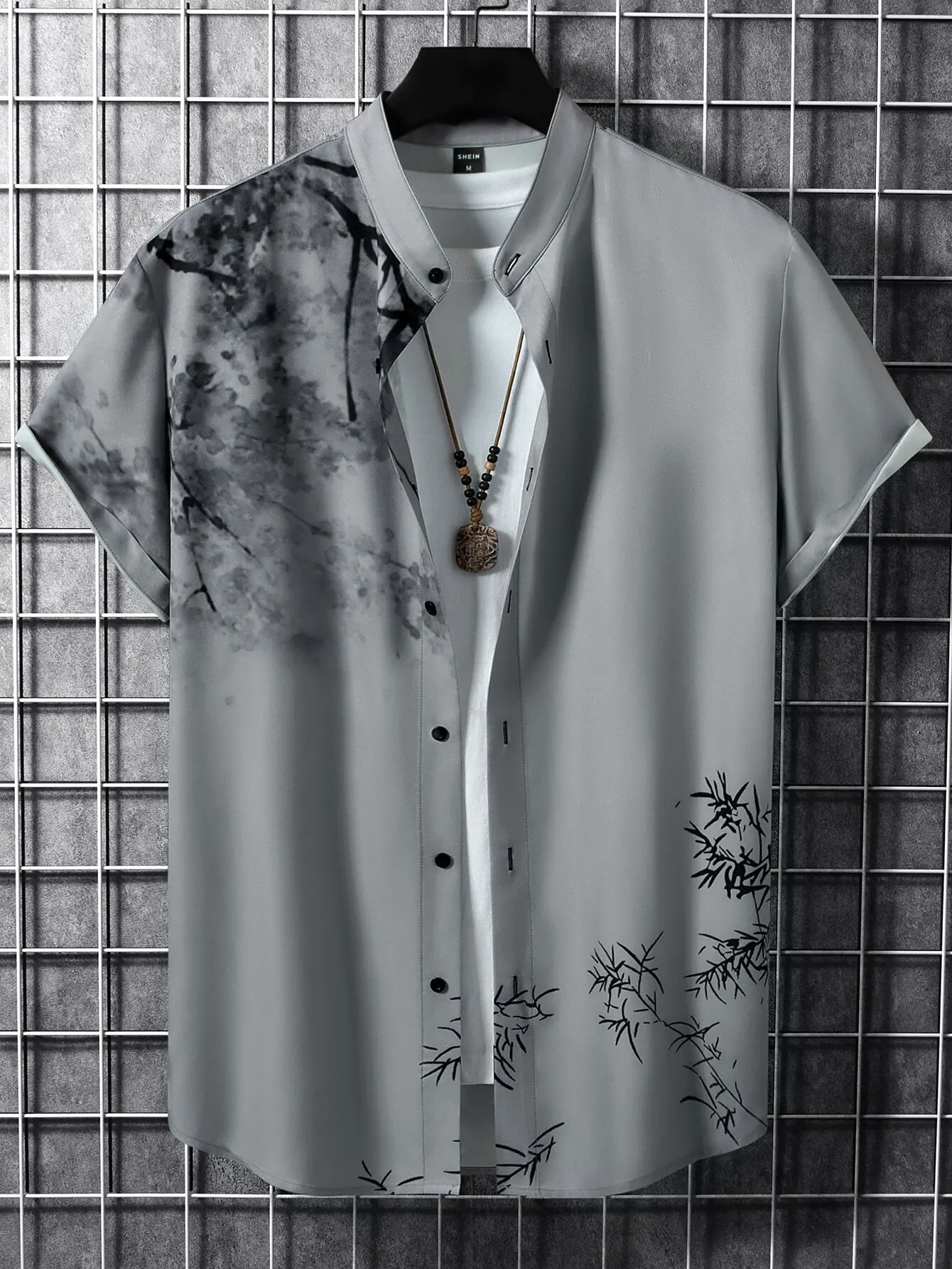 

Men's Short Sleeve Button-Up Shirt with Ink Wash Bamboo Print