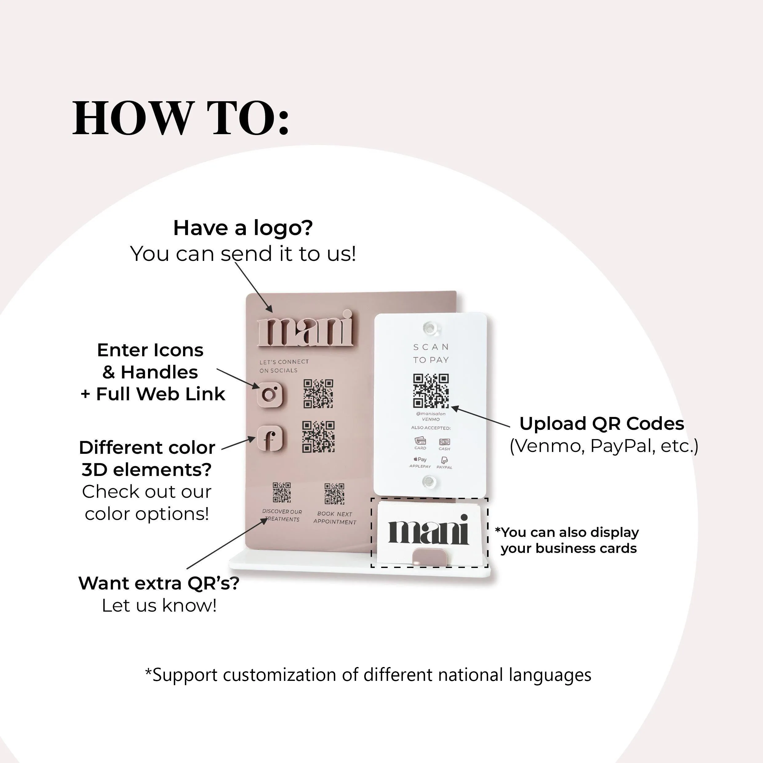 حامل مكتبي مخصص من الأكريليك مع رمز QR مخصص لدفع مراجعات Google وشعار إعلان الأعمال والوسائط الاجتماعية Dis #2