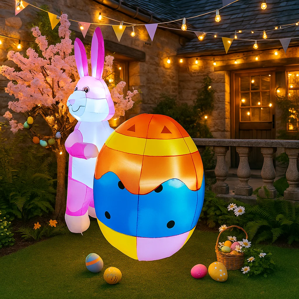1.8メートル/6フィートのハッピーイースターインフレータブルおもちゃ、ピンクのウサギと大きな卵の装飾、LEDライト付きオーナメント、インフレータブルイースターデコレーション