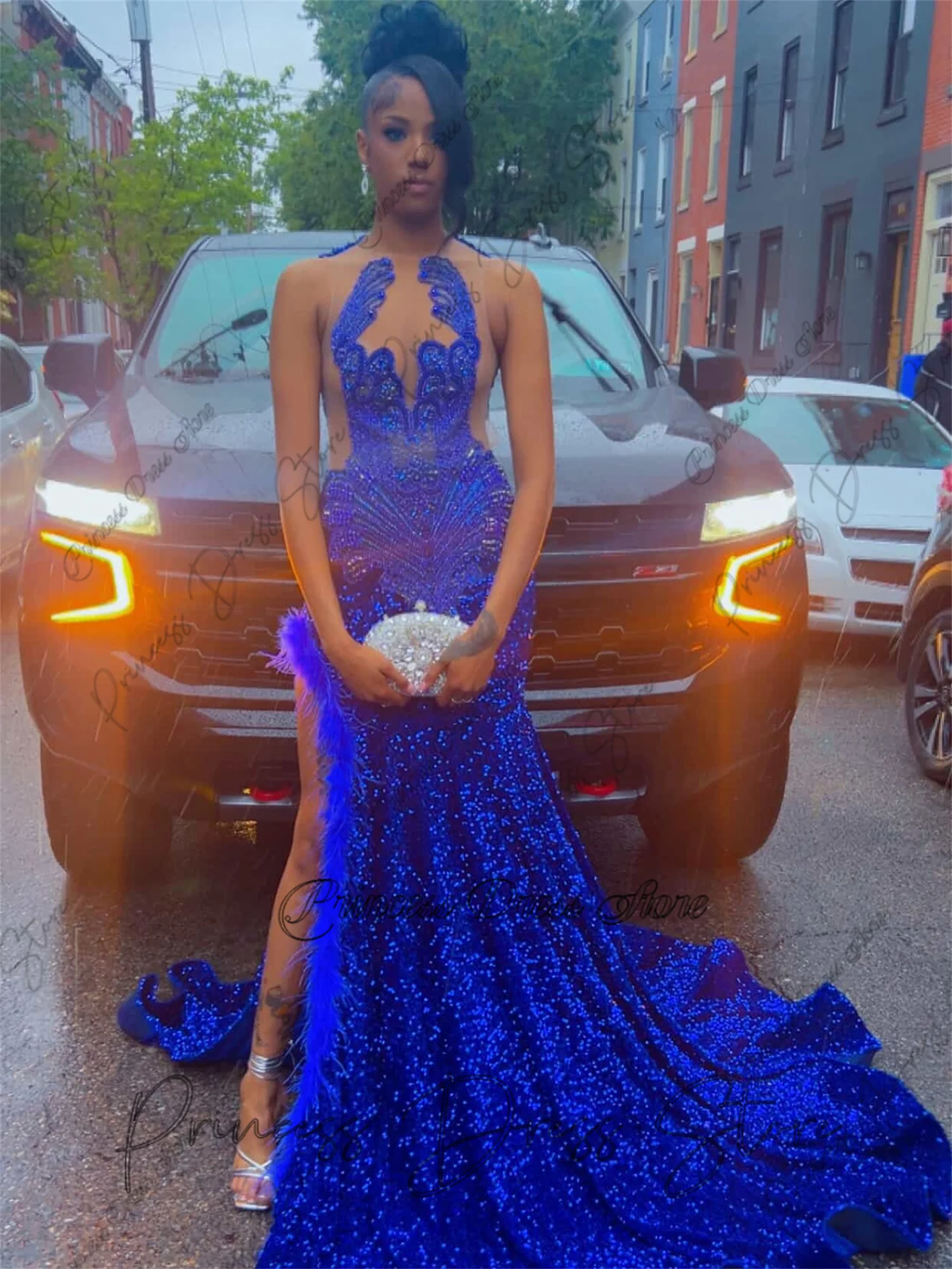 

Уникальный дизайн, тюлевые платья для выпускного вечера со шлейфом и кристаллами для черных девочек, женское платье русалки с высоким разрезом, специальная свадьба по индивидуальному заказу