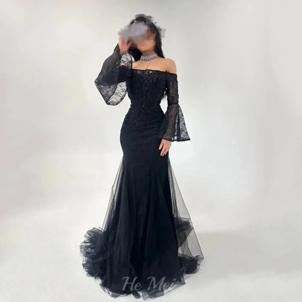 تول أسود مخصص فساتين لحضور الحفلات الموسيقية حورية البحر الديكور مساء فستان قبالة الكتف حمالة رداء حفلات Vestidos De Novia #1