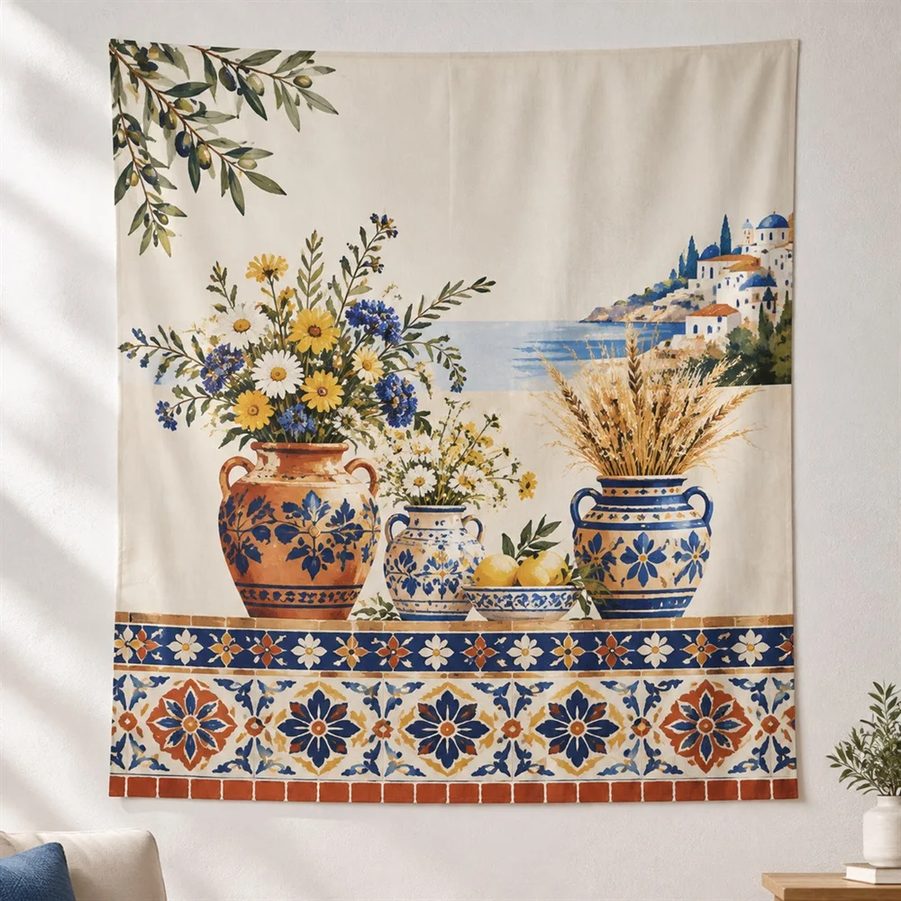 VIKAMA Terracotta Vase Flowers Layered Bands Tapestry Wall Hanging, Mediterranean Wall Decor Tapestries for Study Living Room