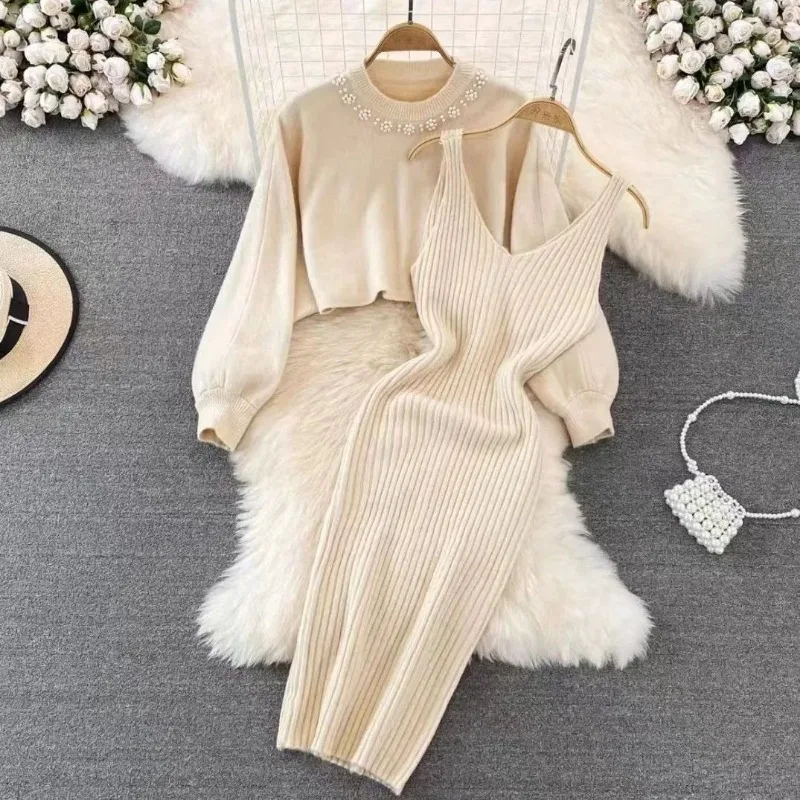 Two piece base knitted dress autumn and winter new mid to long style hip hugging knitted dress set sweater inner layer