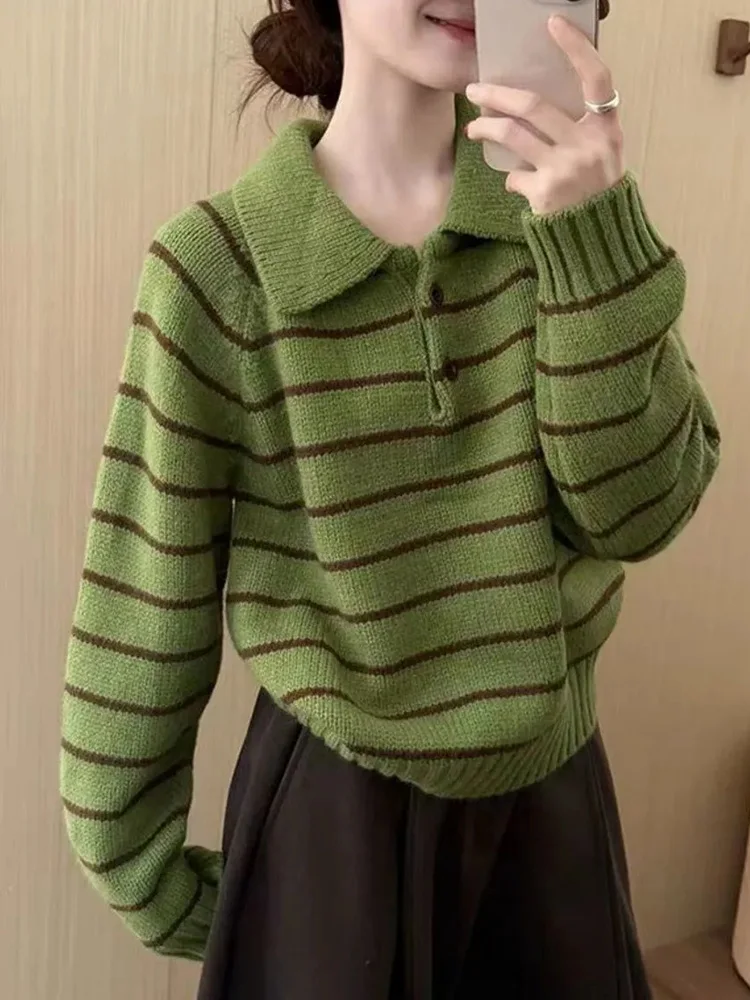 

Винтажный полосатый свитер, женский свободный корейский консервативный стиль, вязаные топы, осень-зима, новый милый джемпер с отложным воротником и длинными рукавами