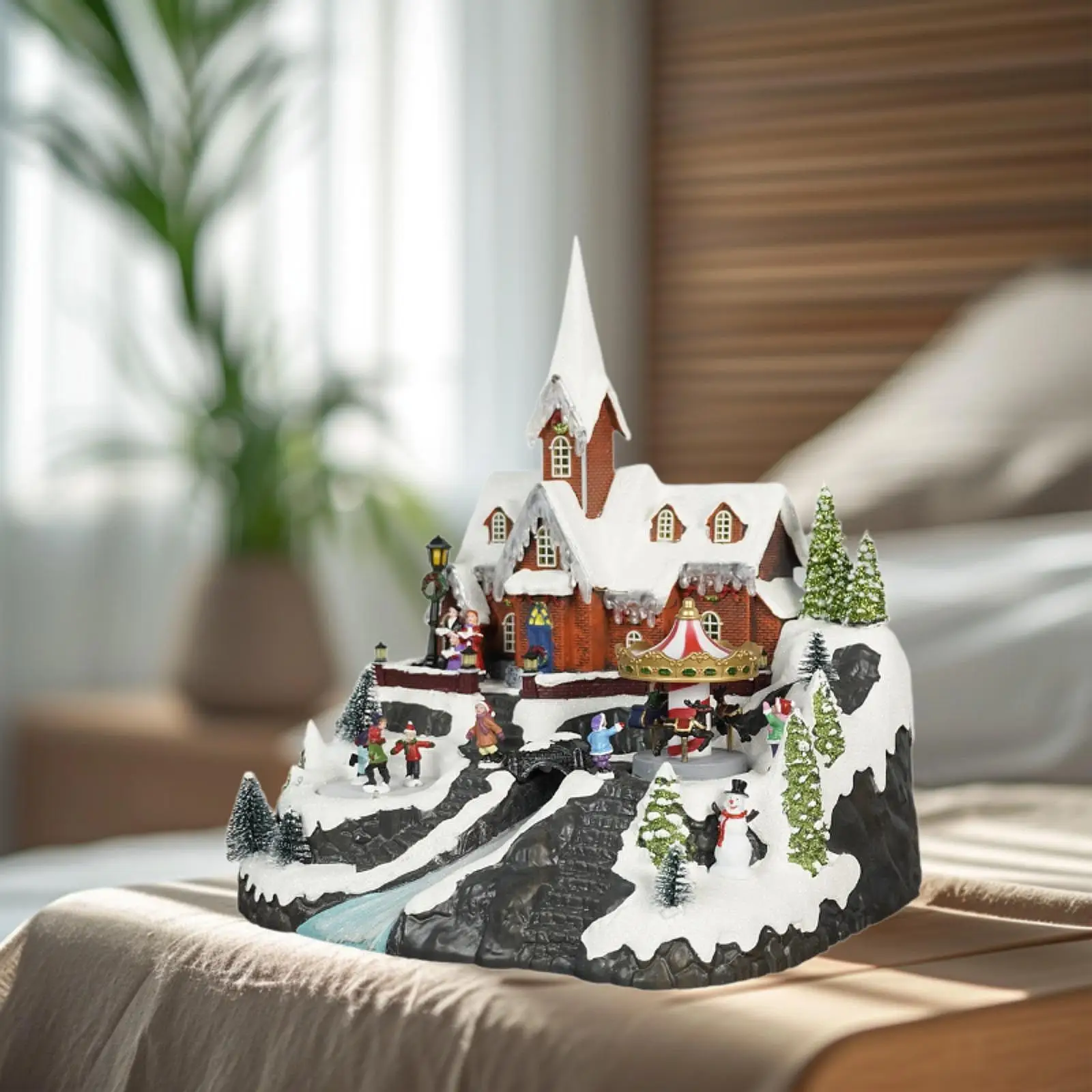 Christmas Village House Figurine Rotatable Skaters Table Centerpiece Sculpture for Shelf Fireplace Xmas Decor Bedroom Indoor