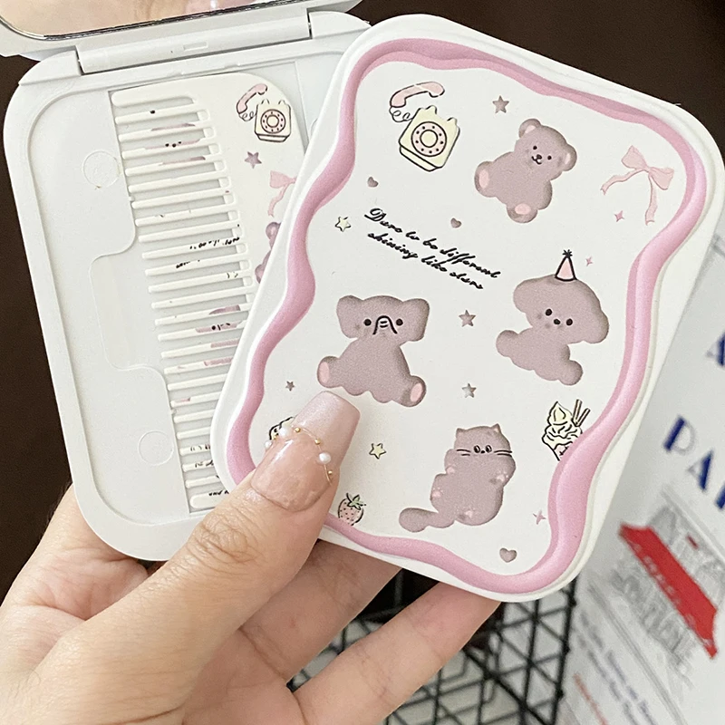 Cartoon Cute Bear Folding Clamshell Mirror Makeup Mirror With Comb Portable Creative For Women Girls Handheld Mirror