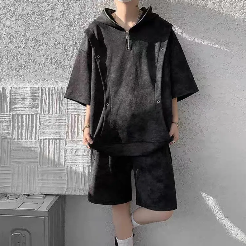 Korean Tie Dye Casual Loose Short Sleeved T-shirt and Shorts 2-piece Set Summer Fashion Men's Hooded T-shirt and Sports Pants