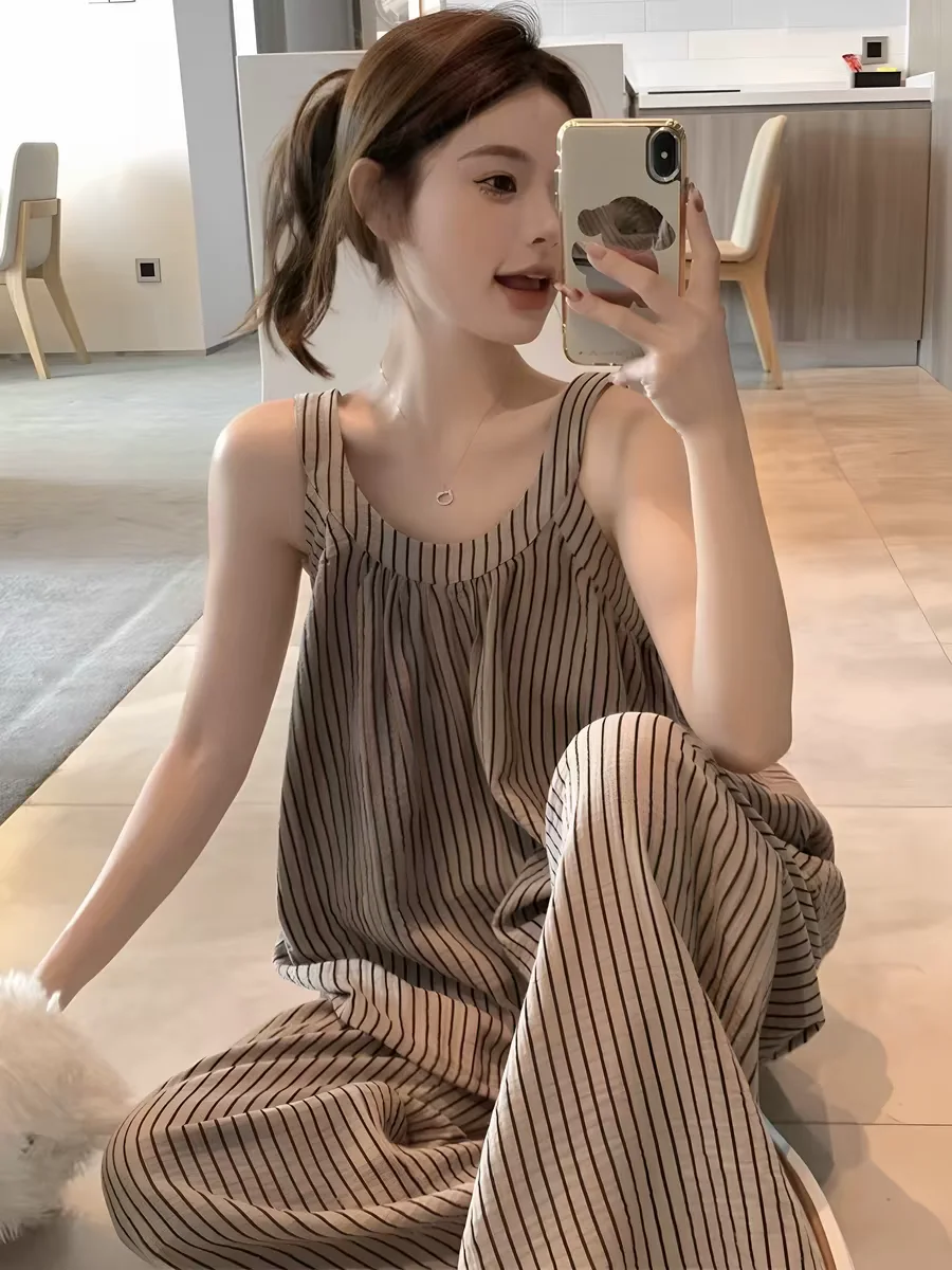 Korean Style Striped Strap Sleepwear Women Summer New Arrival with Chest Pad High Sweet Home Clothes Two-Piece Set Cotton Loo...