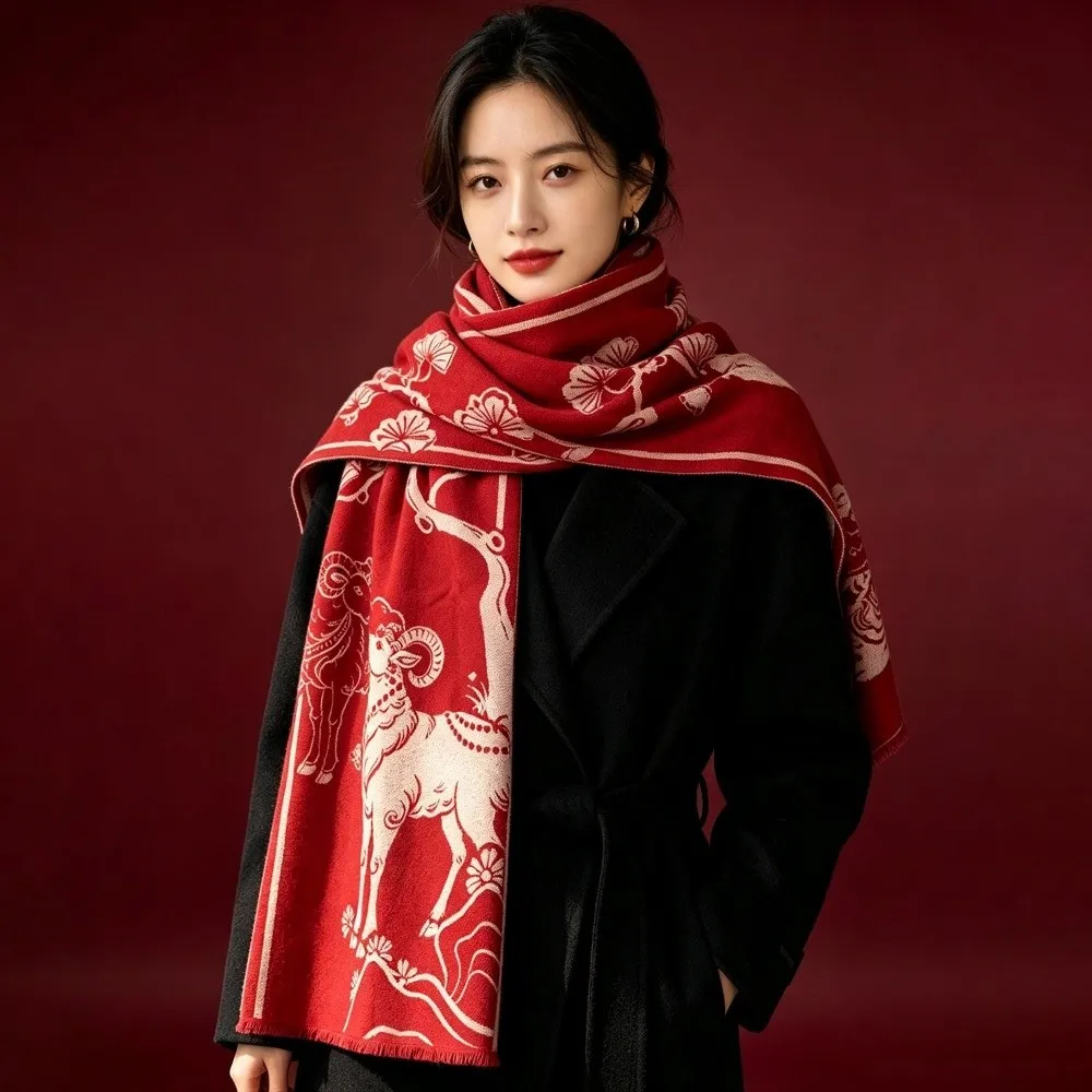 Lamb Cartoon Shape Chinese New Year Sheep Long Scarf Polyester Windproof Winter Cashmere Scarves Thicken Warm Red Long Shawl