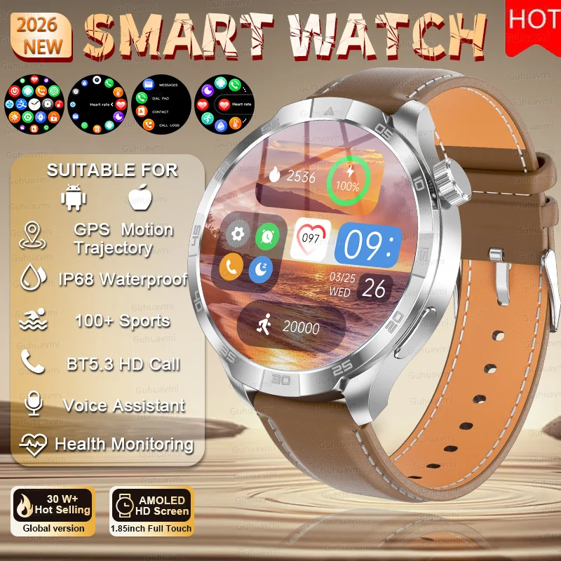 

2026 Smart Watch Men AMOLED Always display BT Call GPS trajectory Waterproof Health Blood Pressure Sport Smartwatches NFC 1.85"