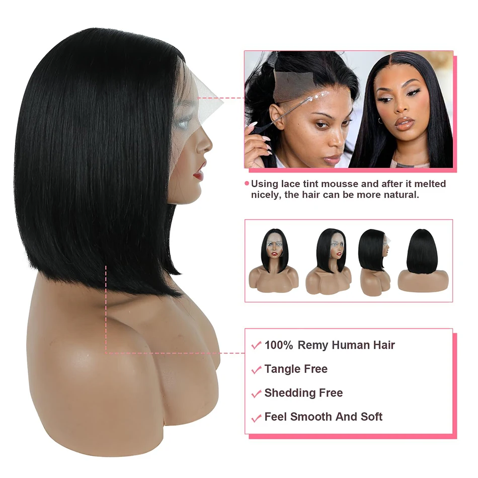 Perruque Bob Lace Front Wig Remy Naturelle avec Frange, Cheveux Lisses, 13x4, Dentelle Transparente, Partie Centrale, Latérale, Entièrement Fabriquée à la Machine