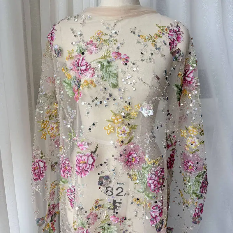Pailletten Perlen Stickerei Bräutigam Nigerian Braut Hochwertiger französischer Tüll Spitzenstoff für Hochzeit. Afrikanischer Spitzenstoff Nähen – Detail 2