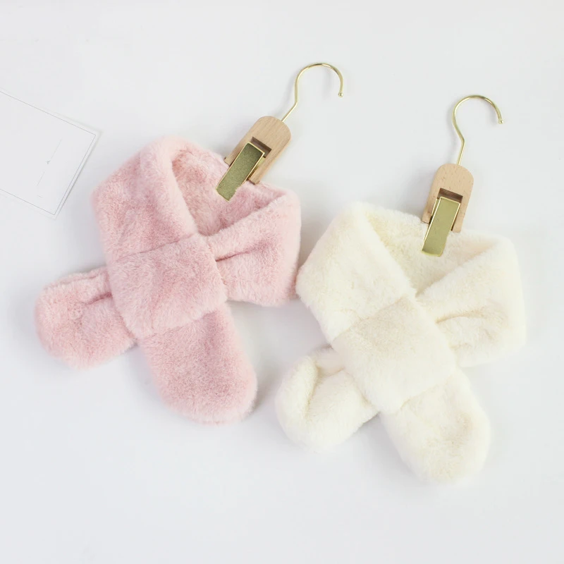

Winter Plush Warm Scarf For Kids Grils Elegant Faux Fur Thickened Cross Scarves Children Solid Color Cute Collars Neck Scarf