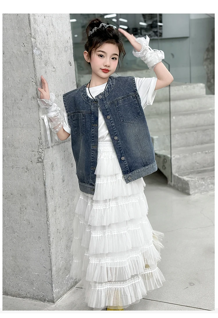 Elegante Kinder-Freizeit-Jeansweste mit Rundhalsausschnitt für Teenager-Mädchen im Alter von 5 6 7 8 9 10 11 12 13 14 Jahren, ärmellose Jacke, Weste. – Detail 2