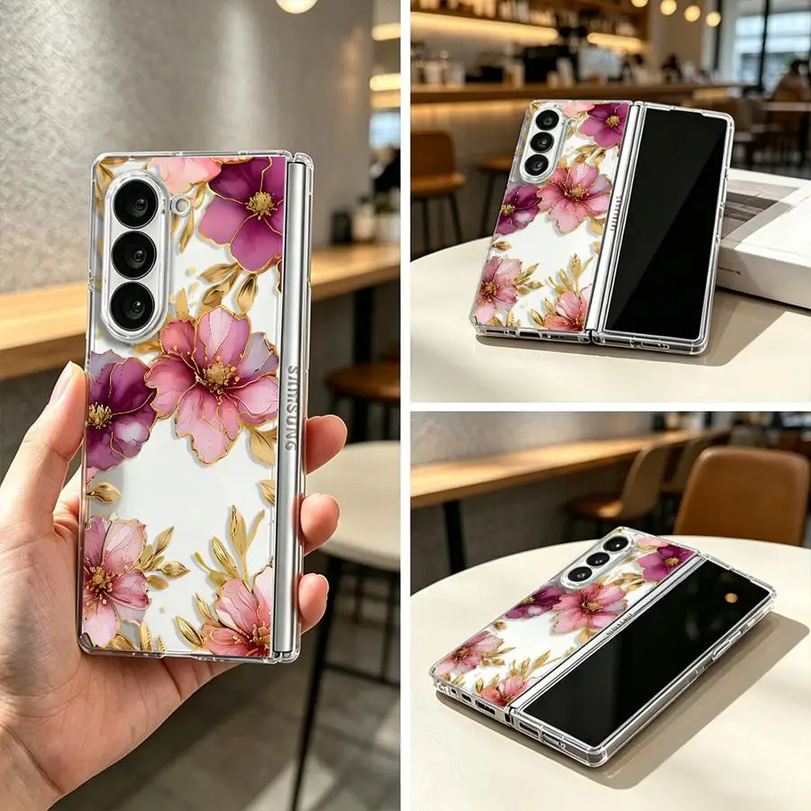 Gold Outline Flower Case for Samsung Galaxy Z Fold 8 Ultra ZFold6 ZFold7 ZFold3 ZFold5 ZFold4 Z Fold 7 6 5 4 3 Back Phone Cover