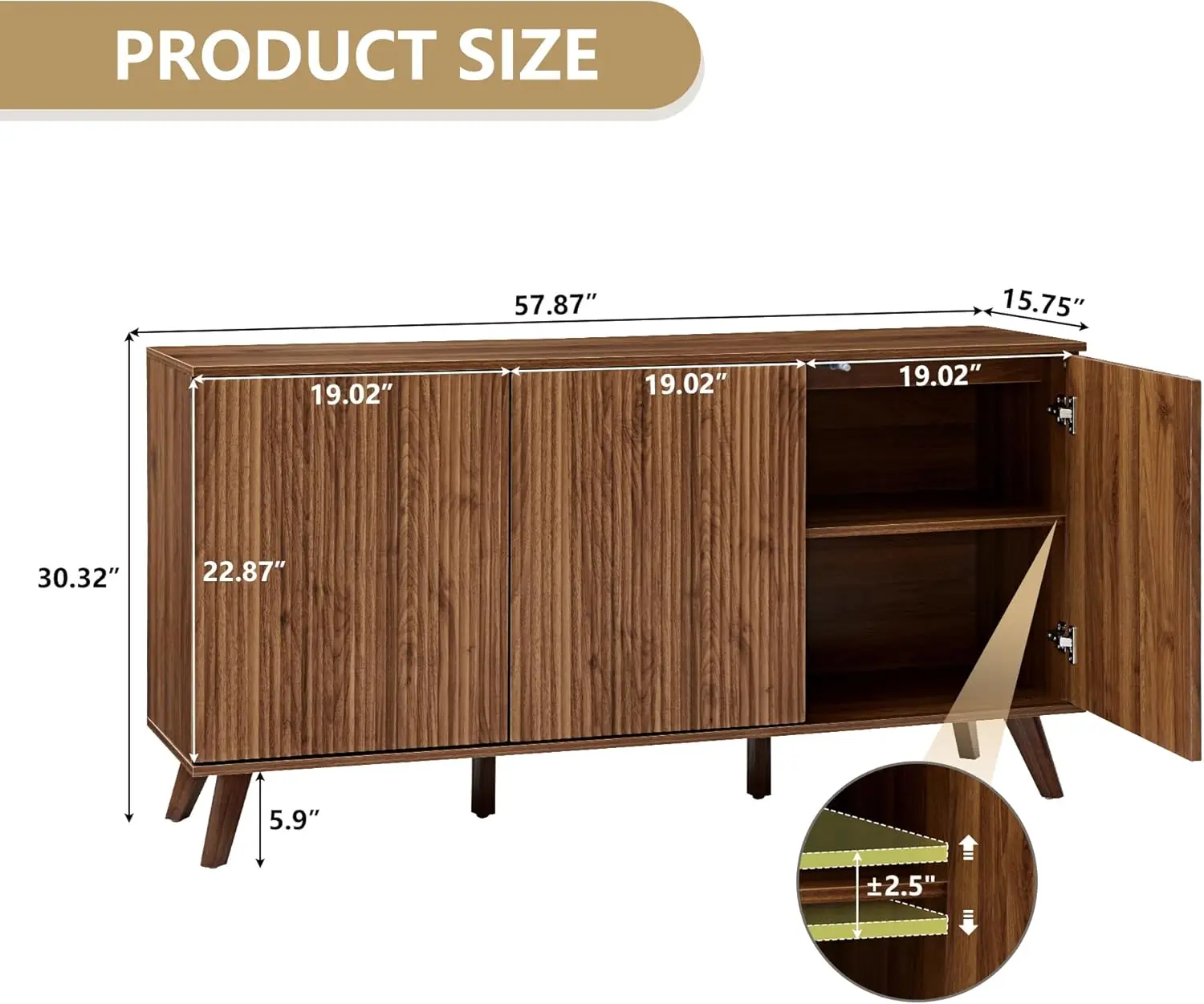 خزانة بوفيه جانبية مخددة، Credenza خشبية بثلاثة أبواب للمطبخ، وتناول الطعام، وغرفة المعيشة (الجوز)
