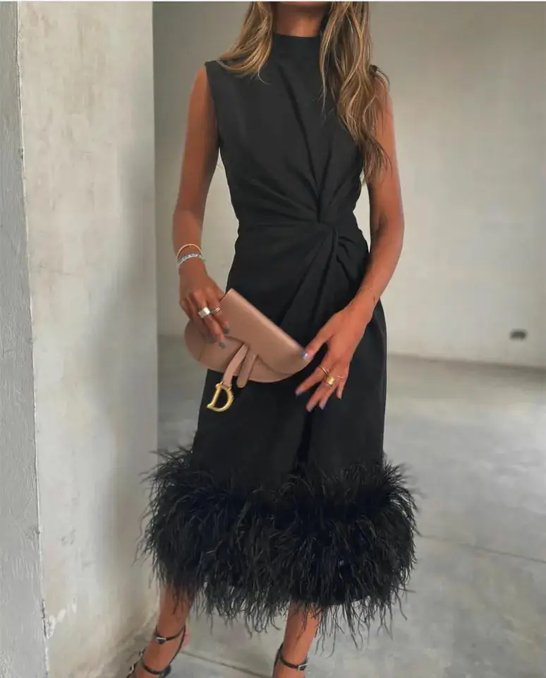 Short Black Muslim Evening Dresses With Feathers فساتين السهرة A-Line Party Gowns Prom Dress Tea Length Robe de soirée for Women