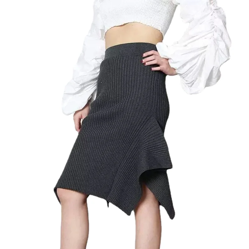 Solid Knitted Slim Fit Show Hip Half Skirt for Women 2023 Autumn/Winter New Asymmetric Knitted Mid Length Lace Wrap Hip Skirt