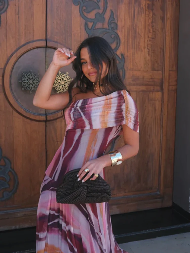 

Chic Tie-dye One Shoulder Women Maxi Dress Asymmetric Neckline Flowy Chiffon Boho Vestidos 2026 Cusual Lady Daily Street Outfits