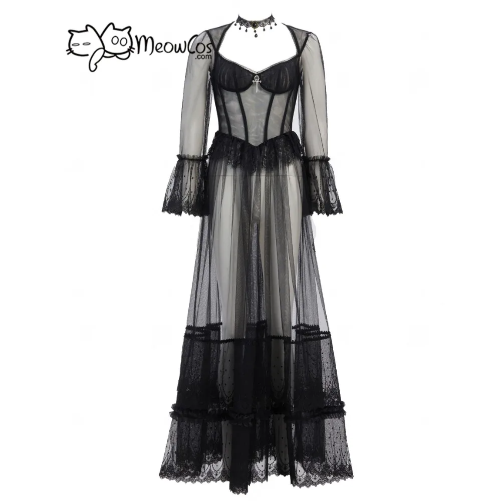 

MEOWCOS Women's Gothic Vampire Style Dress Black Lace Semi-Transparent Long Dress with Choker Cosplay Costume