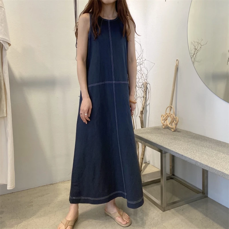 REALEFT Summer Cotton Linen Tank Long Dresses for Women 2025 New High Waist O-Neck Sleeveless Straight Korean Dresses Female