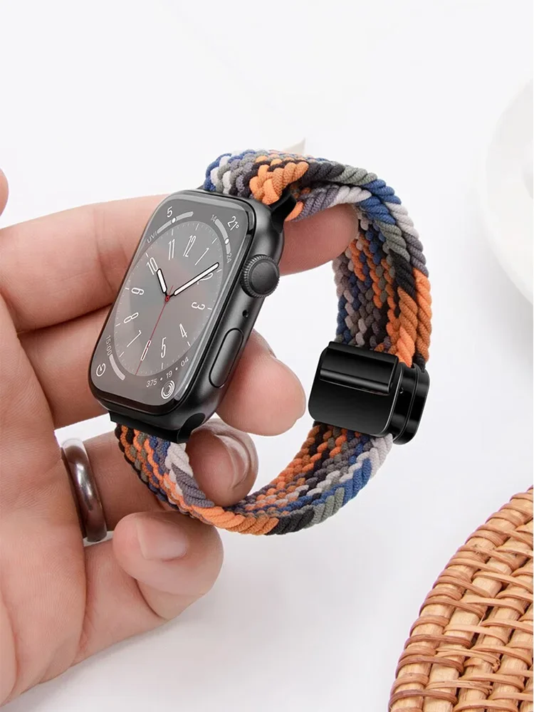 حزام نايلون مضفر مغناطيسي آمن 38-49 ملم - حزام مسامي لساعة Apple Watch Ultra 2 iWatch Series 10 9-SE للجنسين