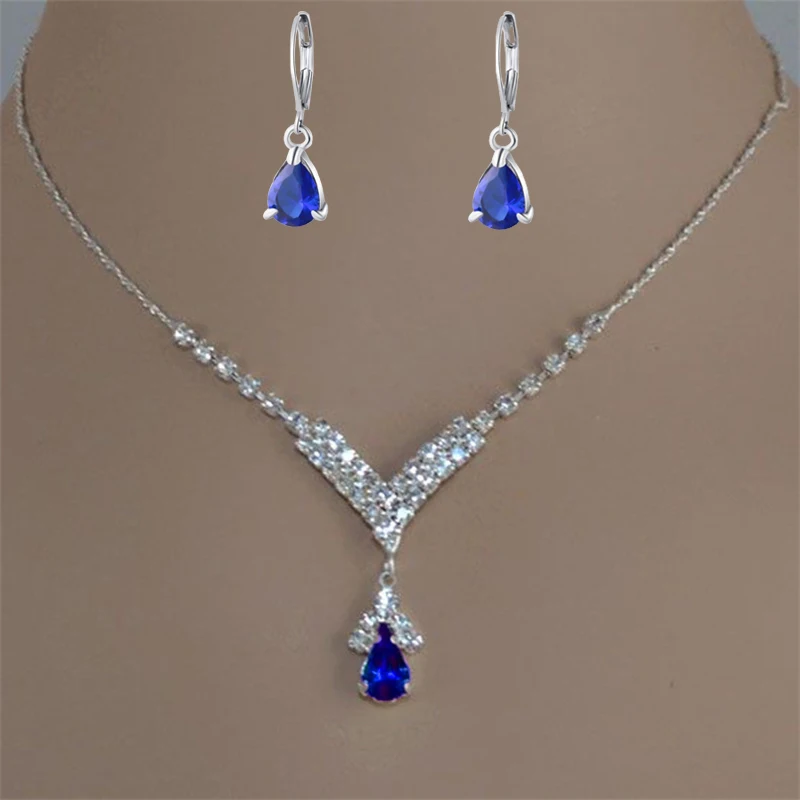 Fashion Blue Green Red Colorful Water Drop Rhinestone Women's Necklace Silver Inlaid Zircon Pandente Women's Accessories